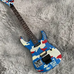 Anpassad butik Japan George Lynch Kamikaze Blue Camouflage Electric Guitar Floyd Rose Tremolo Bridge Black Hardware Single Coil Neck Pickup Maple Neck Neck