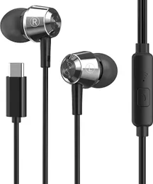 HappyAudio W1 USB C Wired Hörlurar, Hi-Fi Stereo Noise-Canceling Metal Earskydd med mikrofonörlurar för spelsportsamtal, kompatibla iOS, Galaxy, Android