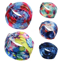 Tie Dye Wide Knutted pannband Vintage Fashion Headwear Cross Knot Elastic Hair Band DIY Hårtillbehör Boho Stretch