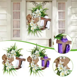 Decorative Flowers Easter Cross Wreath Garland Burlap Bow Flower Wooden Rattan For Front Door Wall Decor Holiday X1N2