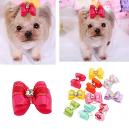 Dog Apparel 10Pcs/Pack Lovely Pet Cat Bow Ties Small Dogs Rhinestone Flower Hair Bows With Rubber Band Puppy Grooming Accessories