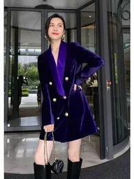 Garnitury damskie Blazery jesienne zima luksusowy fioletowy aksamitny kombinezon płaszcz Krótki sukienkę z długim rękawem podwójnie piersi średniego ulicy ubrania 231128