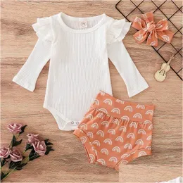 Clothing Sets Newborn Baby Romper Sets Solid Colors Onesies Long Sleeve Tops Kids Rainbow Shorts With Bow Headband Toddler Clothes Dro Otbrg