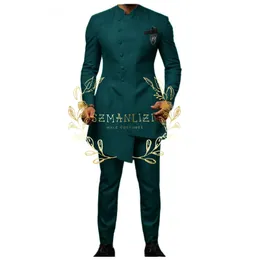 Abiti da uomo Blazer Moda Africano Verde petrolio Cappotto Pantalone Verde Colletto alla coreana Abiti da uomo Terno Slim Fit Smoking Festa di nozze Sposo Costume da usura 231127