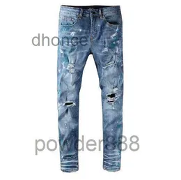 Jeans Roxo Designer para Mens Calça Empilhado Homens Baggy Denim Lágrimas Europeu Jean Hombre Calças Calças Biker Bordado Rasgado Tendência Vqou 4WB4