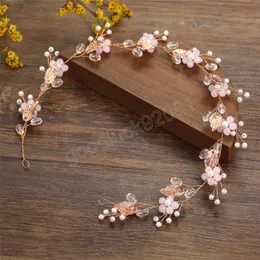 花嫁ソフトチェーンヘアバンドピンクフラワービーズヘッドバンドMarrige Bride Heaer Jewelry Lady Fashion Wedding Hair Accessories Tiaras