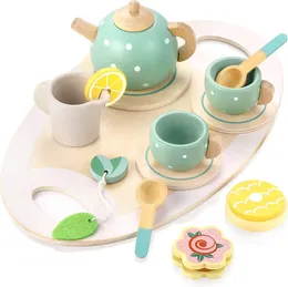 Kuchnie grają jedzenie 15pcs drewniane zabawki herbaty Udawaj akcesoria kuchenne Playset for Kids Party 231128