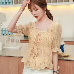 Women's Blouses Chiffon T-shirt Short Sleeved Women Top 2023 Super Immortal Loose Covering Stomach Flowering Sweet Fragmented Blouse Female