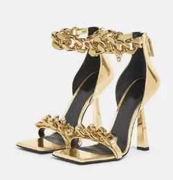 Elegant brud medusi sandaler skor kvinnors gyllene kedja party bröllopsklänning ankel strappy high klackar blomma strass lady pumpar eu35-43shoe box