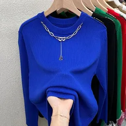 Suéteres de mujer, suéter de punto con cuello redondo, Tops de invierno para mujer, jersey de Color sólido con temperamento, sección gruesa interna