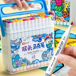 12PCSWATERCOLOR BRUSH PENS KIDダブルヘッド洗濯可能なマーカーペン12-48色の子供用水彩画の落書きドローアーツセーフティワイドファインチップP230427