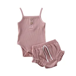 Pagliaccetti Vestiti estivi per bambini per ragazze nate Bretelle in maglia solida Body Top Pantaloncini con coulisse Completi in cotone 230427