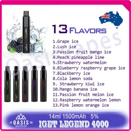 Orijinal Iget Legend 4000 Puf Teslim Edilebilir Vape Kalem% 5 Seviye 14ml Önceden Doldurulmuş PLD Puflar 4K 1500 Pil E Sigara