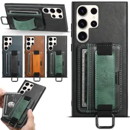 Wrist Strap Kickstand Leather Wallet Phone Case For Samsung Galaxy S24 Ultra S23 S22 Plus FE Note20 Utlra Card Slot Holder Shockproof Hybrid Rugged Protective Cover