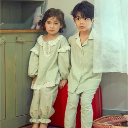 Pijamas bonitos crianças crianças algodão hortelã verde pijama setstoddler plissado pijamas conjunto para menina menino sono loungewear roupas infantis 231127