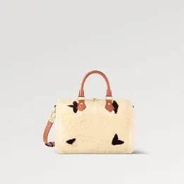 Explosion Borsa a mano da donna M23468 SKI Speedy Bandouliere 25 restyling invernale morbida pelle martellata shearling Tecnica gigante top arrotolato in pelle di vacchetta color crema tasca calda