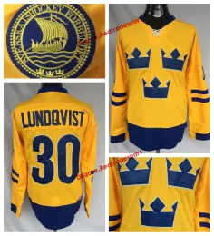 2014 Team Sweden #30 Henrik Lundqvist 하키 유니폼 남성 Mens Home Yellow Henrik Lundqvist 스티치 하키 셔츠 S-XXXL