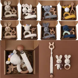 Baby dentes brinquedos 1 conjunto de crochê coelho coelho coelho seguro de faia de madeira de chupeta de chupeta de clipes de clipes conjunto de cadeia de ginástica móvel 230427
