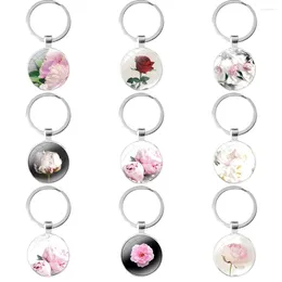 Keychains Rose And Peony Glass Cabochon Keychain Car Key Chain Charms Gifts