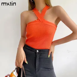 Tanks Mxtin 2021 Donne Summer Fashion Solid Solid Tops Slim Croce Slim Croce Calco Female Camis Chic Tops Mujer Mujer