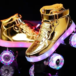 Роликовые коньки, размер 2846, светодиодная подошва с USB-зарядкой, для взрослых и детей, двухрядная обувь с шкивами, Patins с 4-колесными светящимися скользящими кроссовками 231128