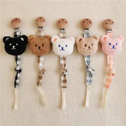 PACIFIER HOLDER CLIPS# Ins Cute Bear Wood Soother Clips Baby Holder Plaid Anti Drop Chain Born Nipples S Dummy Clip med Dust Bag 230427