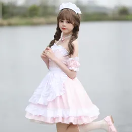 Vestidos casuais Mulheres Princesa Rosa Vestido Anime Cosplay Coffee Maid Uniform Lolita Escola estudante PLUSTIMA