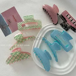 Clamps Plaid double-sided acetate powder green color matching square clip female new shark clip back head plate hair grabbing headdress zln231128