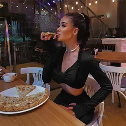 Two Piece Dress JuSaHy Elegant Solid Black Women s Pieces Sets Long Sleeves Crop Top High Waist Side Slit Skirts Matching Streetwear 2023