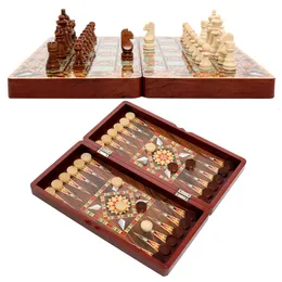 Chess Games 15 in Wooden Chess Sets Checkers Backgammon 3 IN 1 Board Game Table Portable Travel Kids Educational Toys Foldable Chessboard 231127