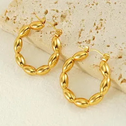 Hoop Earrings Stainless Steel Gold Plated Oval Bead Circle For Women Girl Wedding Party Punk Jewelry Gift E2190