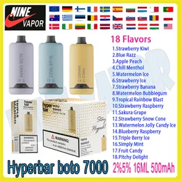 Autentyczny hiperbar Boto 7000 Puff Ujeżdżalny papieros elektroniczny 16 ml wstępnie wypełniona podkład 500 mAh Bateria Bateria Puff 7k 2% 5% poziomy Vapes Pen Pen