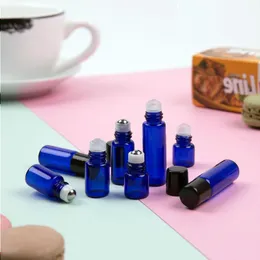 1 2 Bottiglie di vetro roll-on micro mini in vetro blu cobalto da 3 ml con sfere a rulli in metallo Fiala sottile ricaricabile per campioni di olio essenziale roll-on (B Xtqb