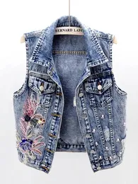 Vests Zoki Denim Women Vest Luxury Pearls Fashion Ripped Fall Button Up Jeans Jacket 자수 꽃 슬리빙 느슨한 짧은 코트