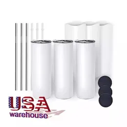 US CA Stock DIY Sublimation Tumbler 20oz Straight Tumblers Metal Straw Stainless Steel Slim Tumble Vacuum Insulated Travel Mugs Gift