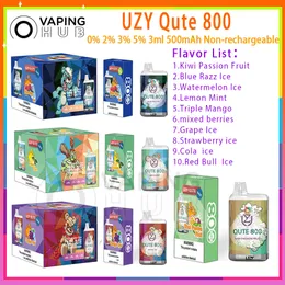 UZY Qute 800 Puff Disposable Vape Pen Mesh Coil Non-rechargeable 500mAh Battery Vapers 0% 2% 3% 5% 3ml Prefilled Pod 10 Flavors Puff Plus 800 E Cigarette