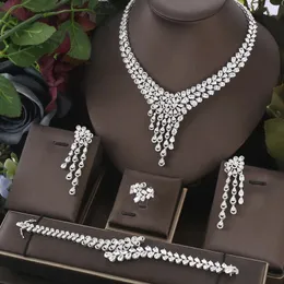 Set di gioielli da sposa janekelly elegante moda bianco AAA CZ zircone orecchino collana braccialetto anello 4 pezzi set per le donne di lusso nuziale festa di nozze gioiello 231128