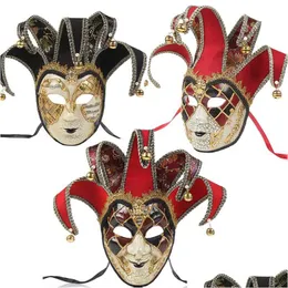 Party Masks Partys Fl Face Men Women Venetian Theater Jester Crack Masquerade Mask With Bells Mardi Gras Ball Halloween Cosplay Cost Dhwe5