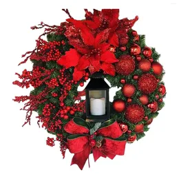Decorative Flowers Christmas Wreath Hanging Garland With Light Red Berries Bow For Window Winter