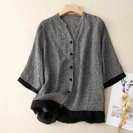 Women's Blouses 2023 Summer Arts Style Women Short Sleeve Loose Casual Shirts Vintage Plaid Cotton Linen Single Breasted V-neck Blouse P110