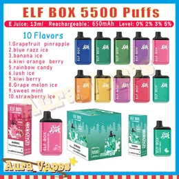 Original Elf Box 5500 Puffs Disponible Vape Pen 13 ML Pre Filled Pod Mesh Coil Puffs 5500 E Cigarettinladdningsbar luftkonditionering 0% 2% 3% 5%