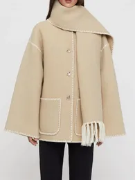 Misto lana da donna Sciarpa con frange da donna Cappotto con collo a doppia faccia in lana monopetto Autunno Inverno Sciolto ricamo Trim Giacca casual femminile 231128