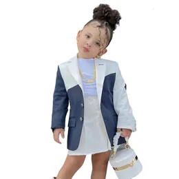 Jackets 1 8years Kids Children s Girls Blazers Coat Autumn Winter Clothes Blue White Pathwork Single Button Jacket Outerwear Clothing 231128