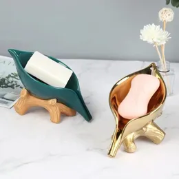 Dishes Luxury Ceramics Leaf Shape Soap Box with Base Bathroom Soap Holder Dish Drain Soap Holder Box Bathroom Accessories Gadgets