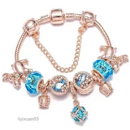 Charm Bracelets Top Quality Rose Gold Silver Beads Blue Murano Glass Heart Crystal Butterfly Fits European Pandora s Safety Chain Jewelry Diy Women 1 SC4F