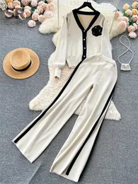 Женские брюки из двух предметов SINGREINY OL, вязаный комплект с цветочным принтом, женский модный кардиган с длинными рукавами, эластичный пояс, повседневный зимний костюм-свитер