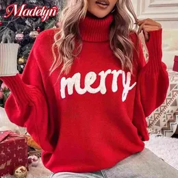 Kvinnors tröjor Julstickad tröja Kvinnor Turtleneck Merry Letter Brodery Bat Hylsa Pullover Kvinnlig år Röd tröja Jumper 231127