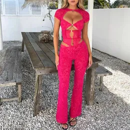 Women's Two Piece Pants Women 2 Outfits Sexy Aesthetic Clothes See Through Front Cutout Lace Tops Low Rise Skinny Long Flare Streetwear