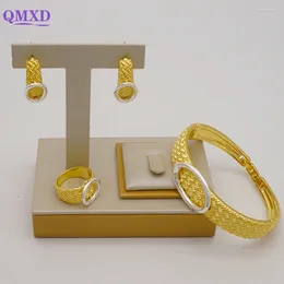 Necklace Earrings Set Italian Jewelry Dubai 24k Gold Plated Drop Bangle Ring 3pcs For Women Party Dating Banquet