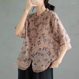 Women's Blouses Arrival 2023 Summer Arts Style Women 3/4 Sleeve Loose Single Breasted Casual Shirts Patchwork Vintage Print Blouse Tops C945